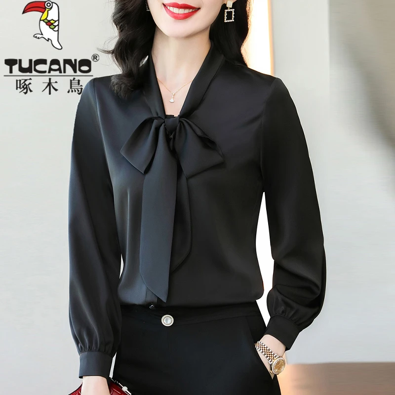 TUCANO/啄木鳥蝴蝶结绸缎面衬衫女长袖上衣春秋新款时尚职业衬衣