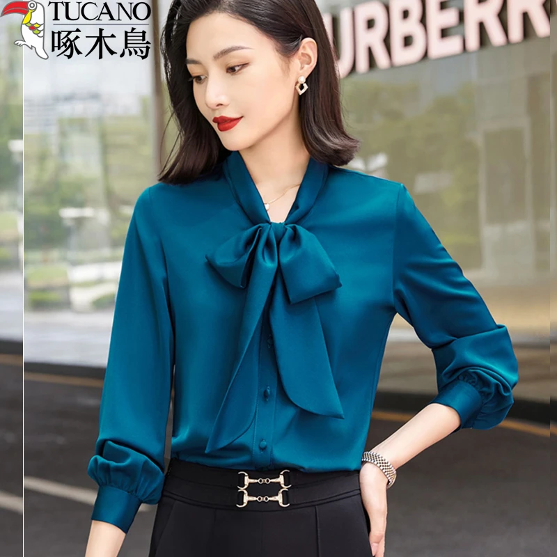 TUCANO/啄木鳥蝴蝶结绸缎面衬衫女长袖上衣春秋新款时尚职业衬衣