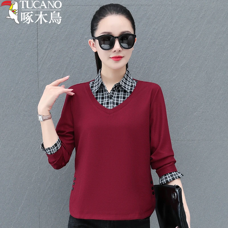TUCANO/啄木鳥春秋新款休闲女假两件衬衫领衬衣洋气长袖百搭上衣