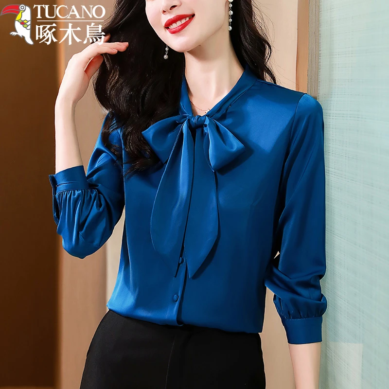 TUCANO/啄木鳥蝴蝶结绸缎面衬衫女长袖上衣春秋新款时尚职业衬衣