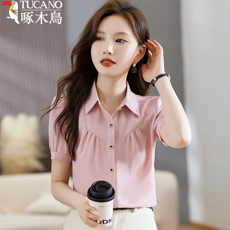 TUCANO/啄木鳥衬衣女雪纺气质休闲纯色洋气夏季翻领时尚短袖衬衫