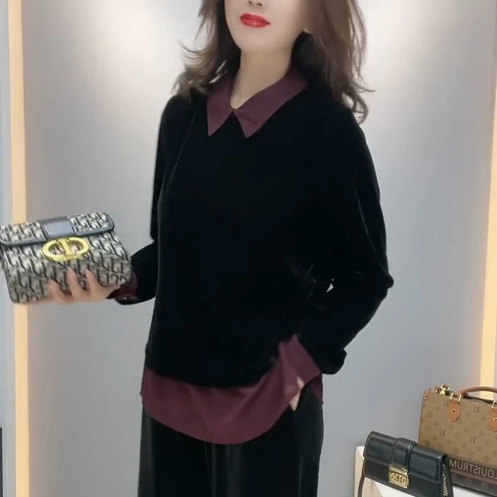 秋冬新款时尚高贵洋气减龄拼接遮肉显瘦假两件大码衫