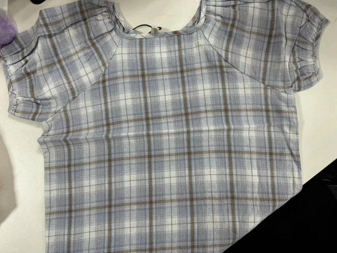 女童新款夏装T恤蓝色时尚宝宝夏季格子