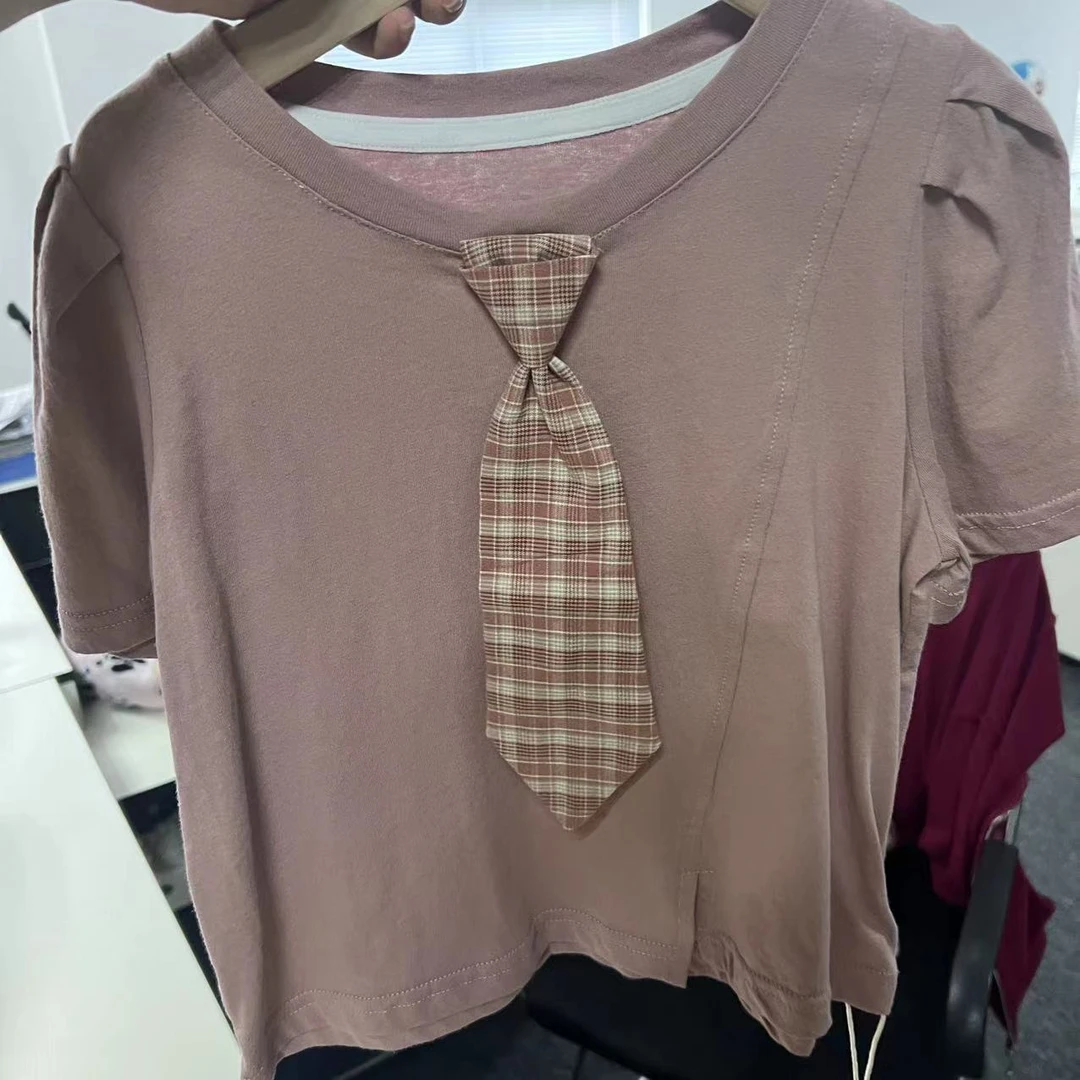 女童T恤个性纯棉短袖领带上衣新款夏装休闲童装洋气圆领上衣潮