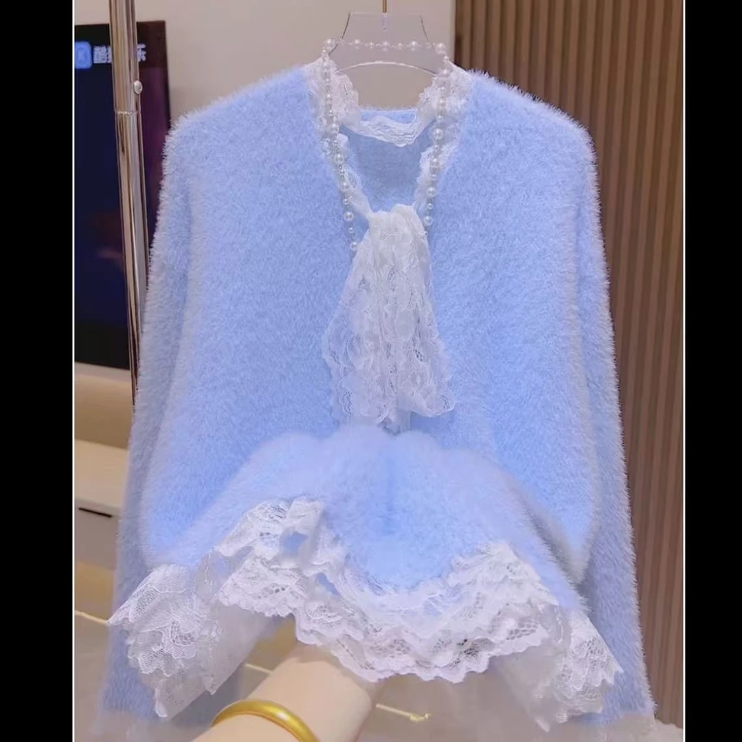 【现货＋运补】设计感蕾丝拼接针织毛衣女长袖加厚套头长款上衣女