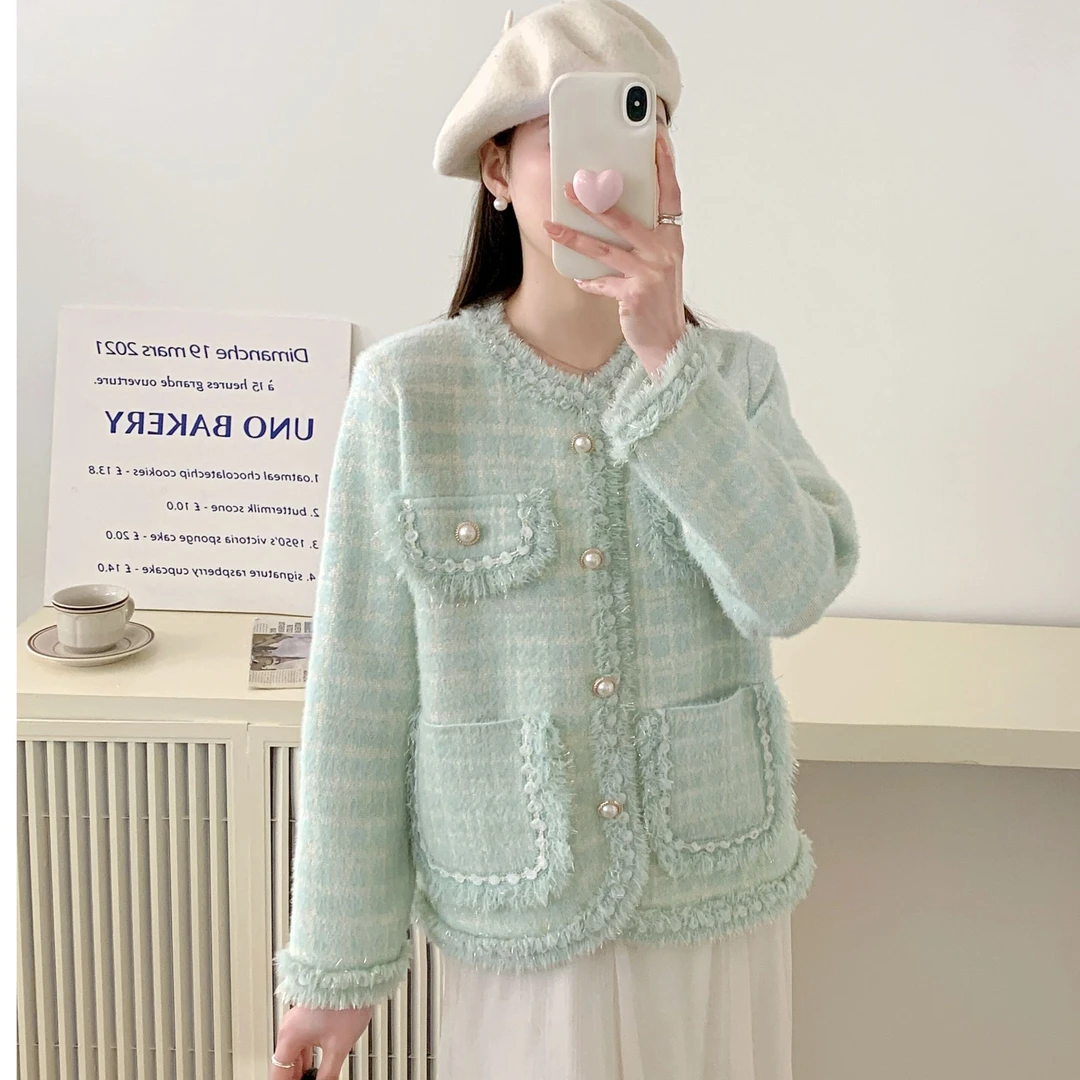 【现货＋运补】薄荷曼波小香风外套女圆领绿色名媛风高级小香风外套