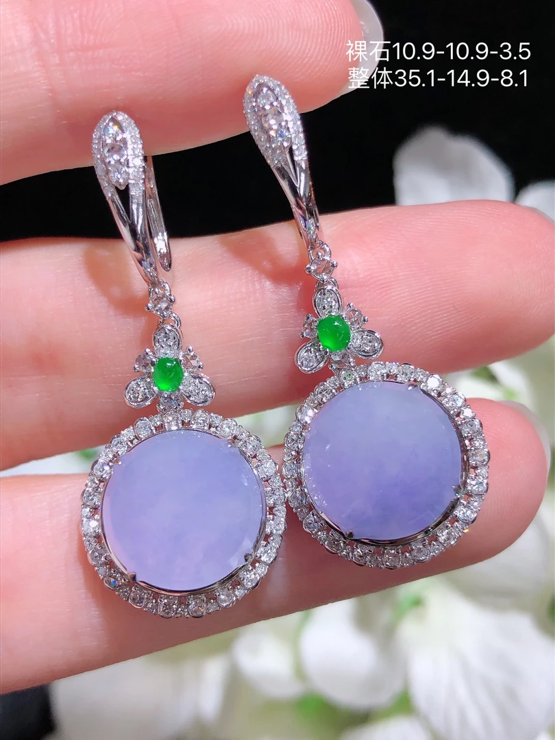 天然缅甸翡翠A货冰紫圆牌耳坠18k金镶钻