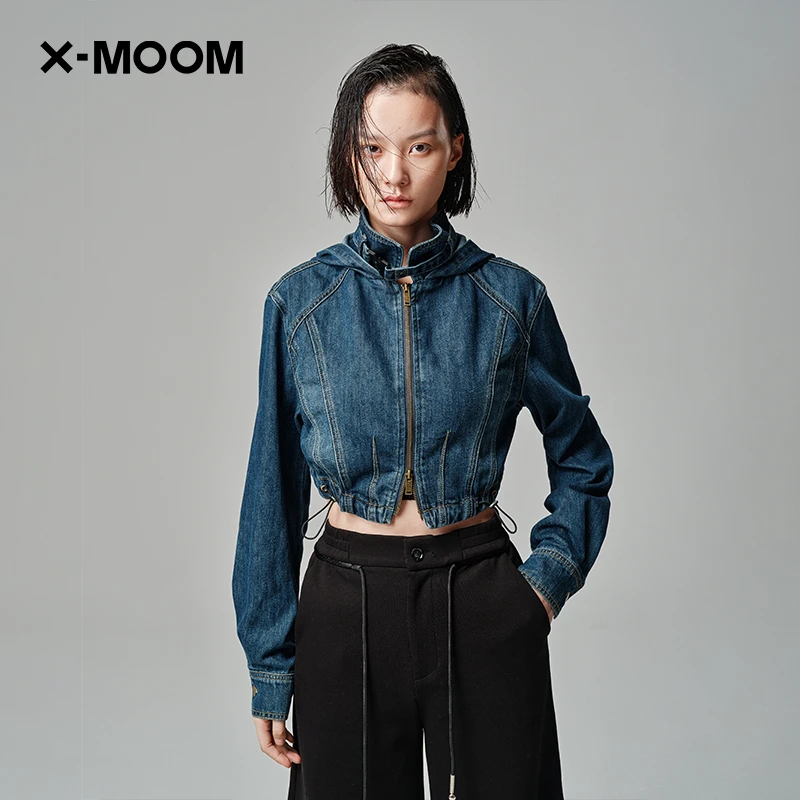X-MOOM牛仔外套连帽短款上衣秋季休闲蓝色时尚长袖水洗ZWCWN81459