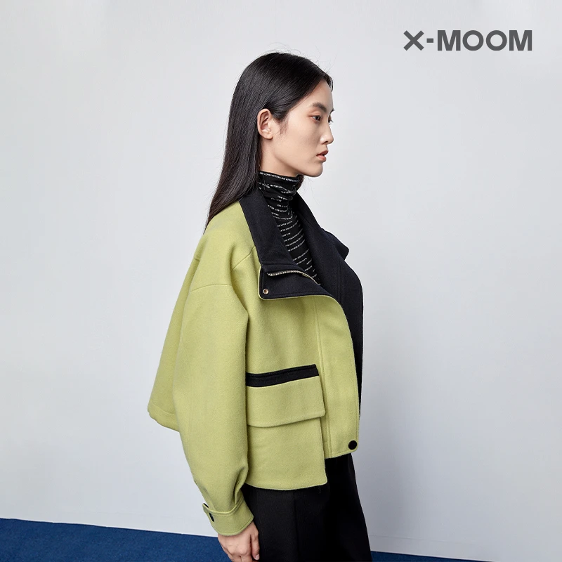 X--MOOM冬季新款嫩绿色局部撞色拼接设计款短夹克外套ZUDWJ17724