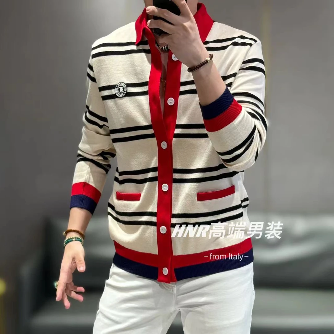 撞色条纹开衫外套新款高端男士时尚休闲百搭纽扣潮流针织衫6025