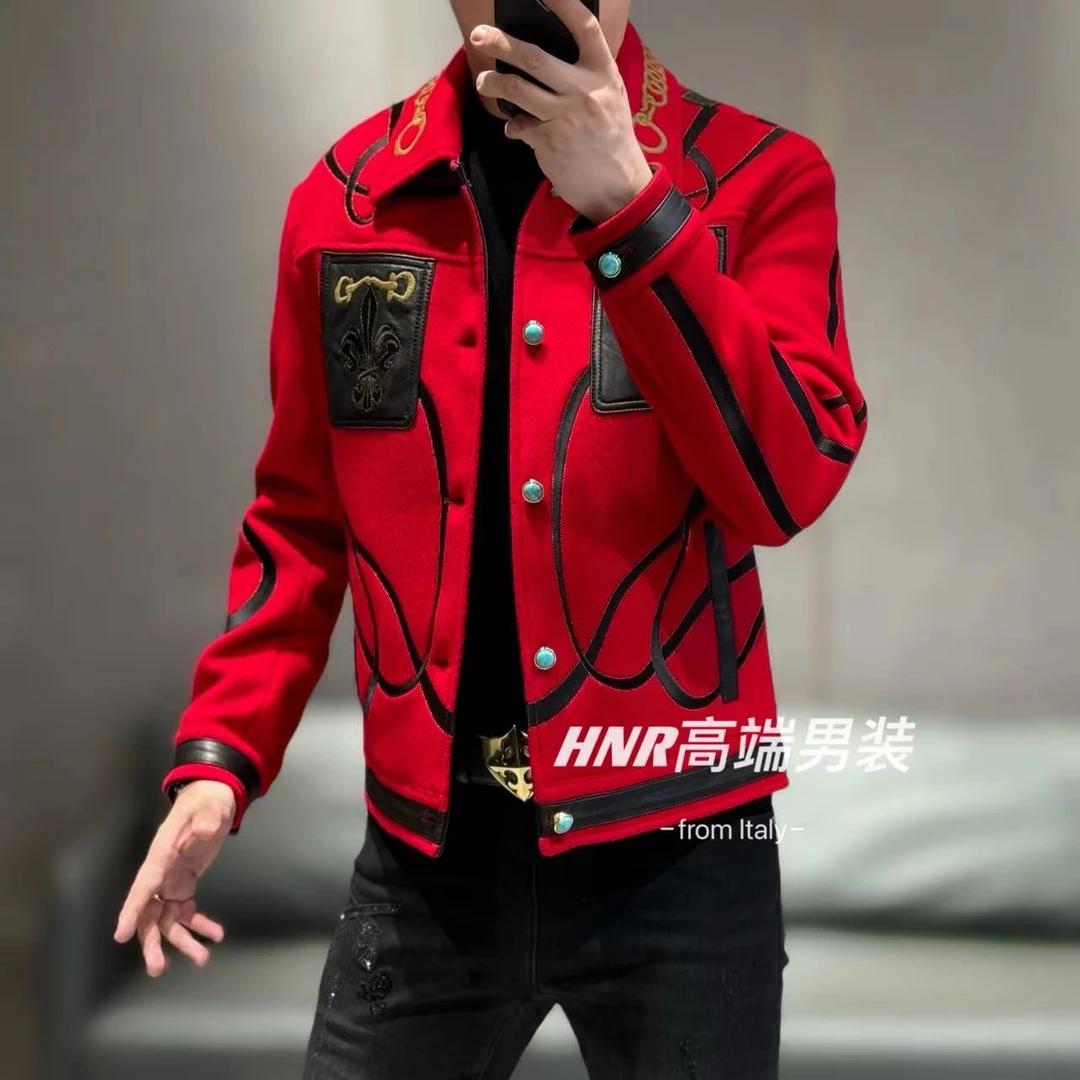 【乔治雷迪尼品牌】1绵羊皮不规则线条拼接男士夹克羊毛外套8037