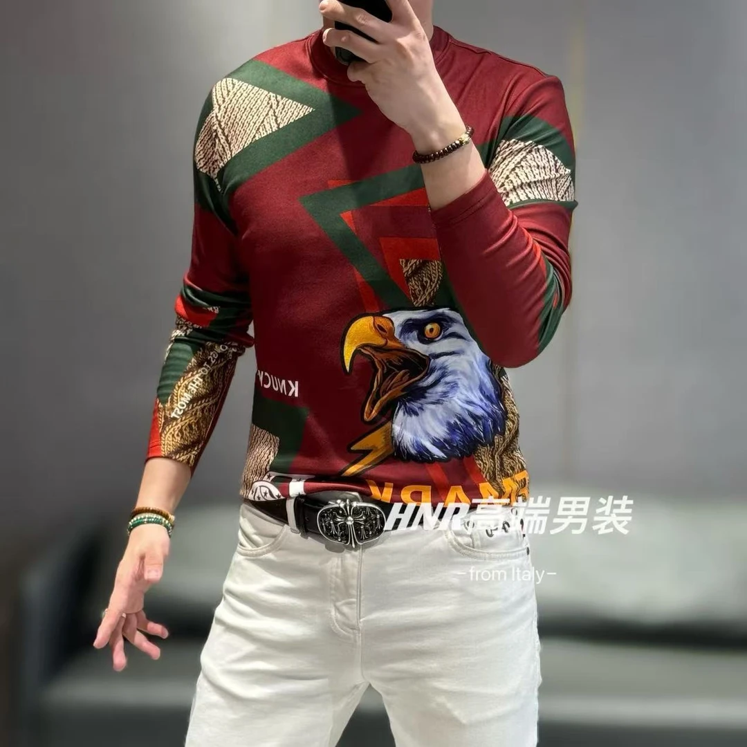 秋冬新款老鹰拼色图案霸气休闲百搭潮流时尚长袖T恤247165