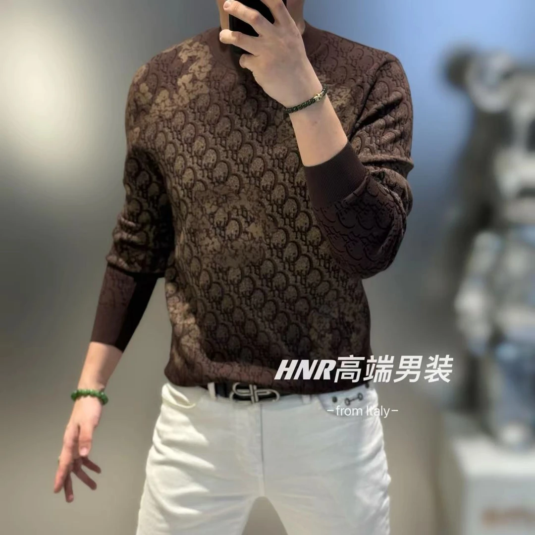 纯色复古风满花纹新款高端男士时尚休闲百搭潮流长袖毛衣69509
