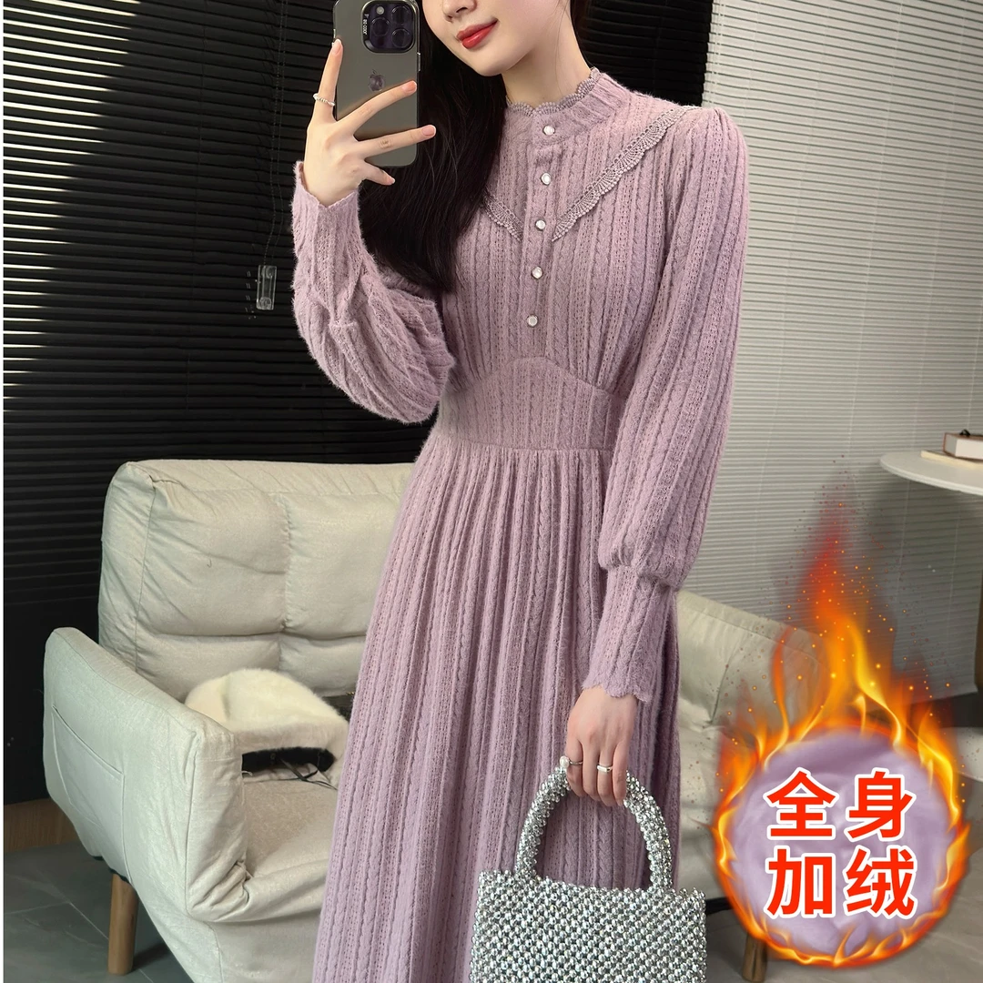 苏陌冬季连衣裙女仙女长裙配大衣蕾丝打底裙子加厚加绒