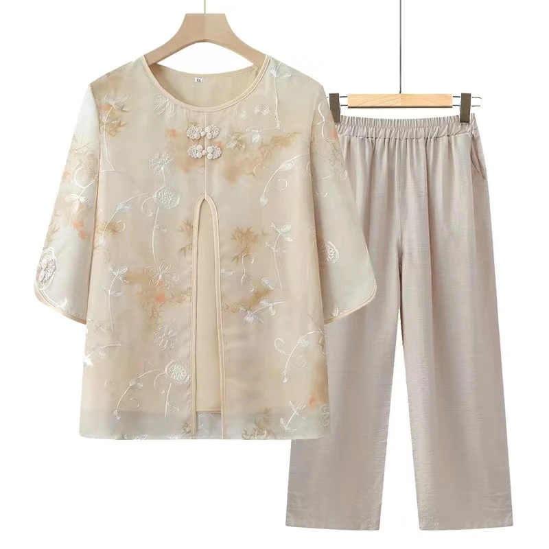 罗蒙妈妈夏装短袖雪纺上衣服女新款中式国风套装中老年人奶奶衣服