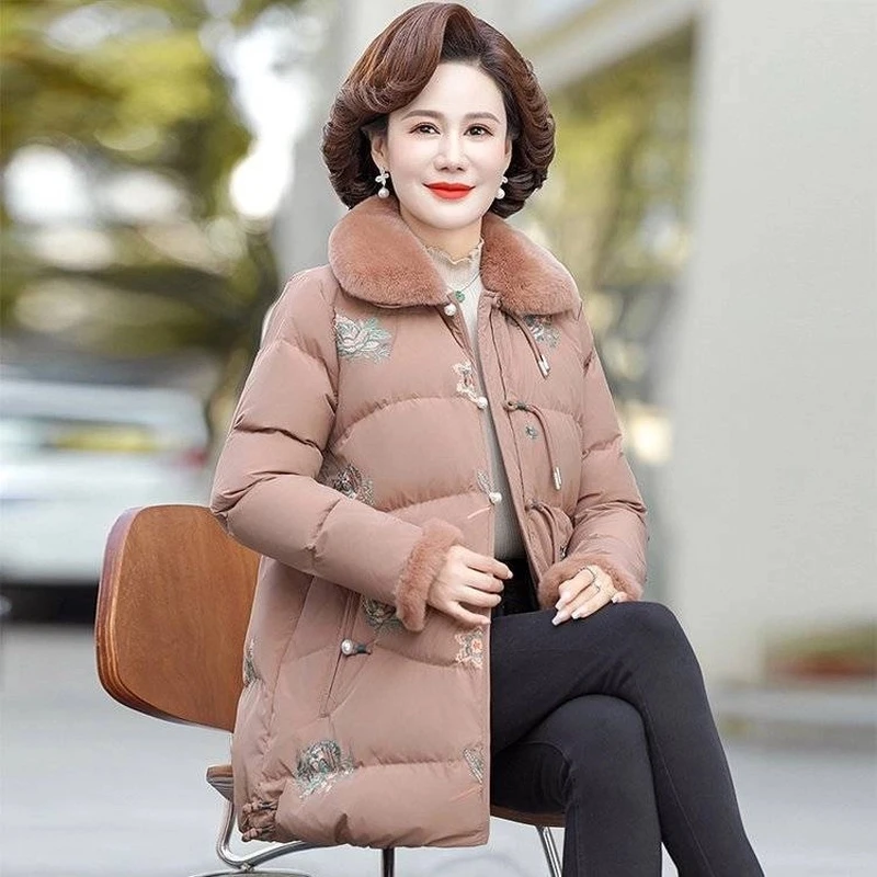 罗蒙中年妈妈冬装棉服2025新款中老年人女洋气加绒保暖中长款外套