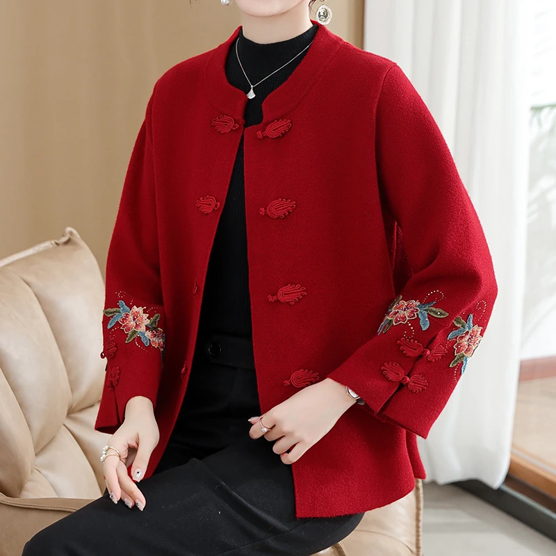 罗蒙妈妈秋装新款本命年红色中老年人女毛呢外套喜婆婆婚宴装礼服