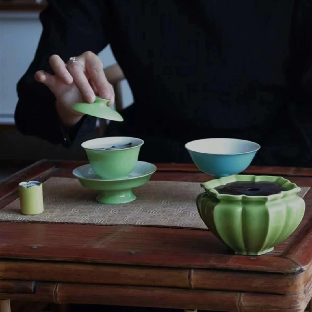 半斋造物 唐式菱花松石绿铜盖建水渣斗景德镇陶瓷功夫茶具零配件