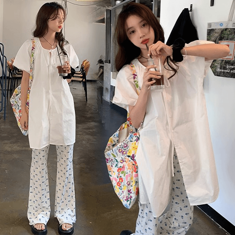 孕妇夏季中长款娃娃衫泡泡袖上衣加碎花清凉喇叭裤套装女百搭时尚