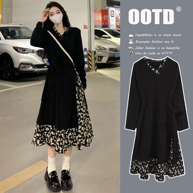 秋装哺乳衣假两件绝美高级感碎花拼接收腰显瘦外出喂奶减龄连衣裙