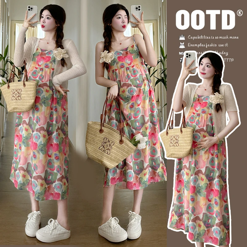 2024春夏孕妇套装油画花朵吊带裙+防晒开衫两件套孕妇裙减龄百搭