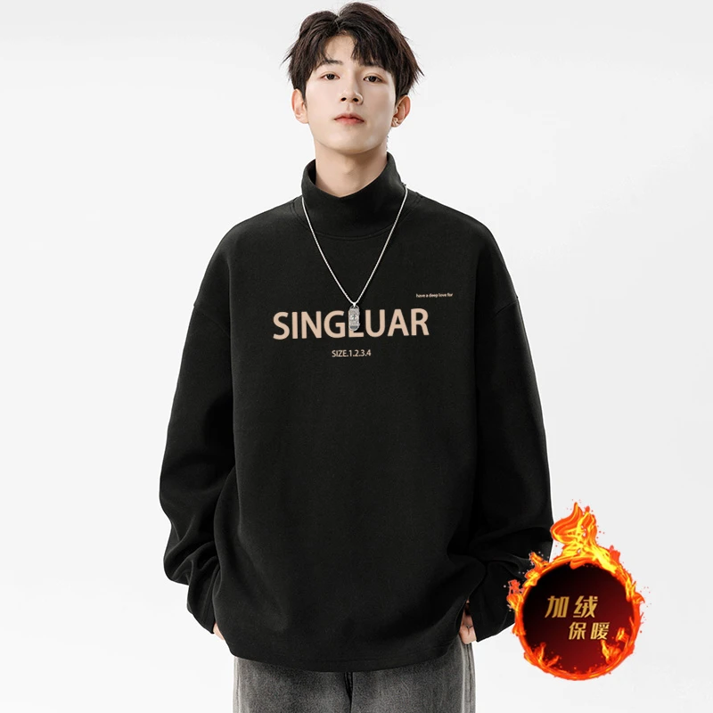 秋冬德绒男士打底衫加绒加厚半高领百搭宽松潮流长袖t恤上衣男装