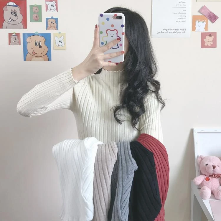 长袖针织衫修身显瘦纯色秋冬长袖套头百搭打底衫上衣洋气慵懒风ol