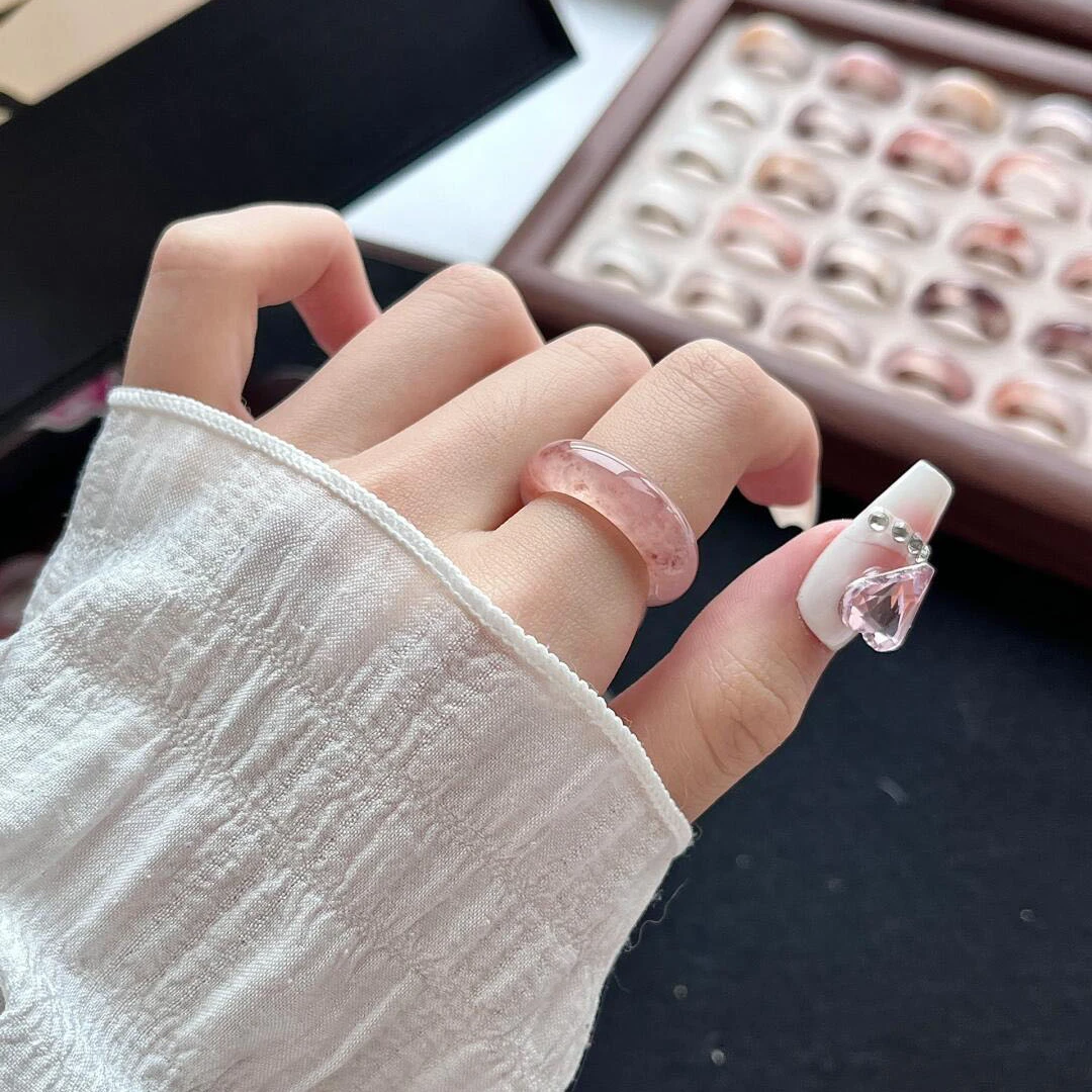 玉指环女款高冰透戒指天然桃花酿戒指金丝玉戒指小众高级轻奢礼物