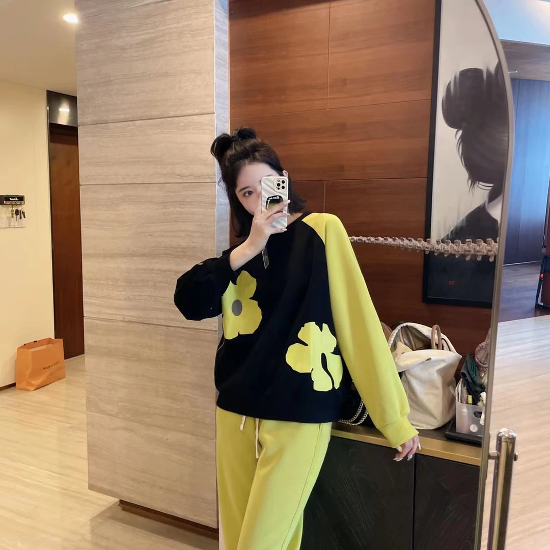 【柚YOYO】秋季新款不加绒拼接撞色花花拼接韩版长袖卫衣13886