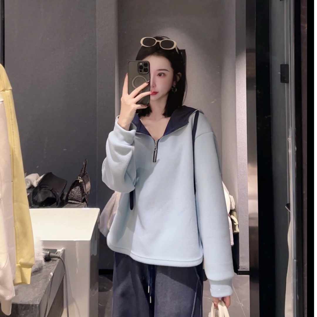 【柚YOYO】2024冬季新款双面绒面法式设计感半拉链抽绳连帽上衣5398