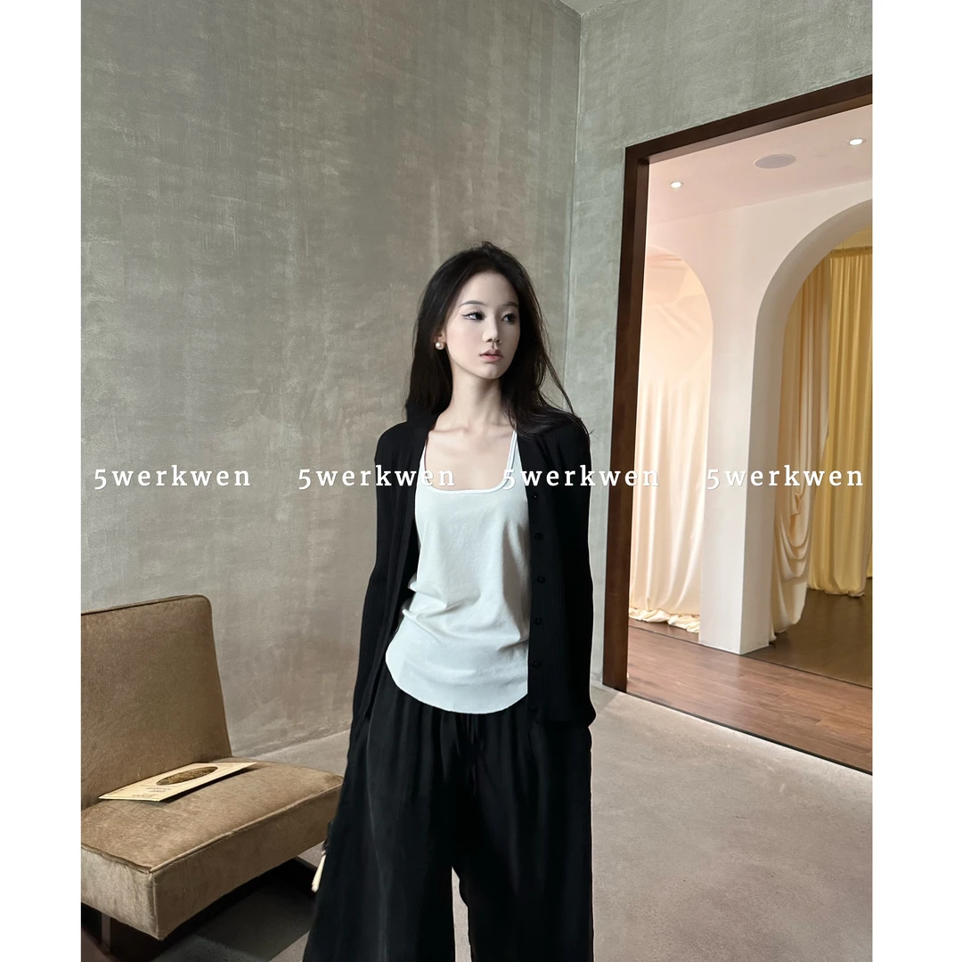 5werkwen 纸片人套装 白色U领吊带+铜氨丝阔腿裤+纸片人V领开衫