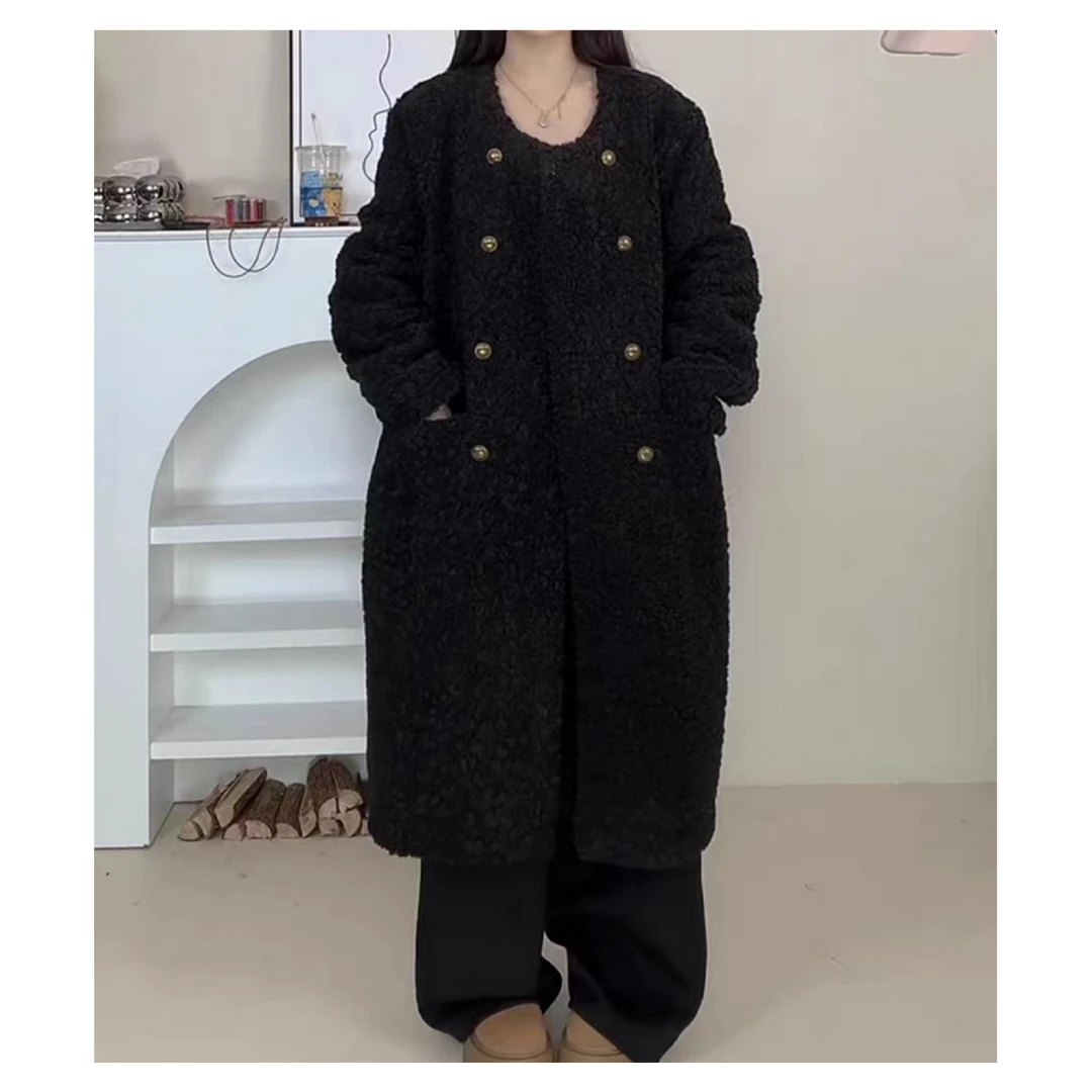 #5112冬季新款领双排扣宽松百搭简约纯色毛毛大衣-衣长106