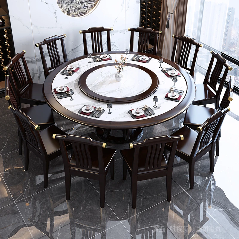 新中式岩板餐桌圆桌酒店餐桌大圆桌家用小户型圆形吃饭桌椅子转盘