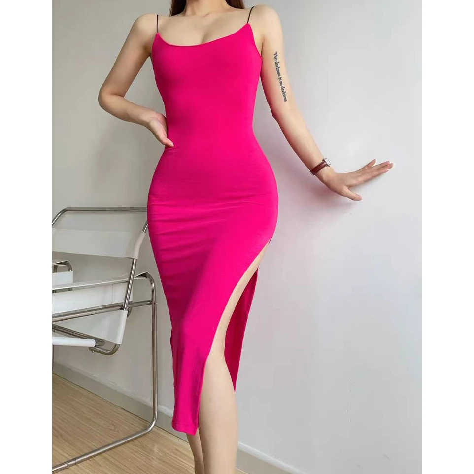 也猫定制 名媛修身吊带连衣裙性感辣妹女露背开叉中长款包臀长裙