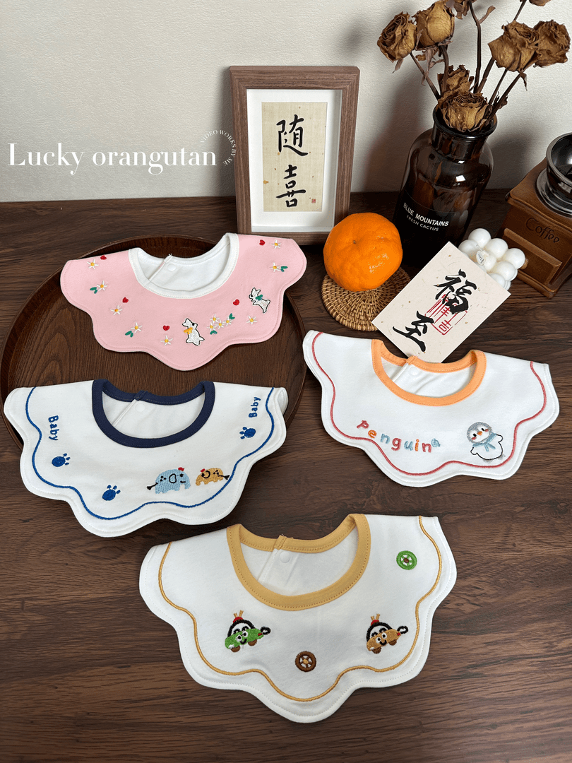 韩版纯棉口水巾秋冬款围嘴新生儿卡通刺绣围兜防水防吐奶口水兜