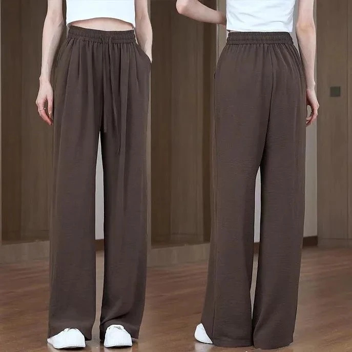 夏季冰丝阔腿裤女薄款宽松高腰新款休闲裤直筒凉凉拖地裤子慵懒风