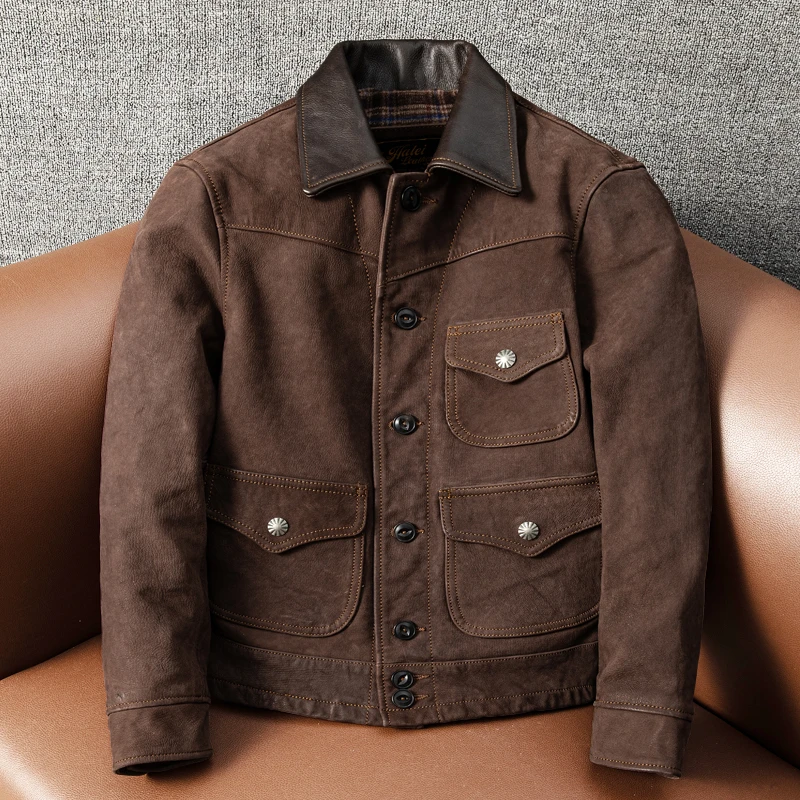 复古无涂层经典款纯羊皮真皮皮衣男士做旧短款翻领修身春秋外套