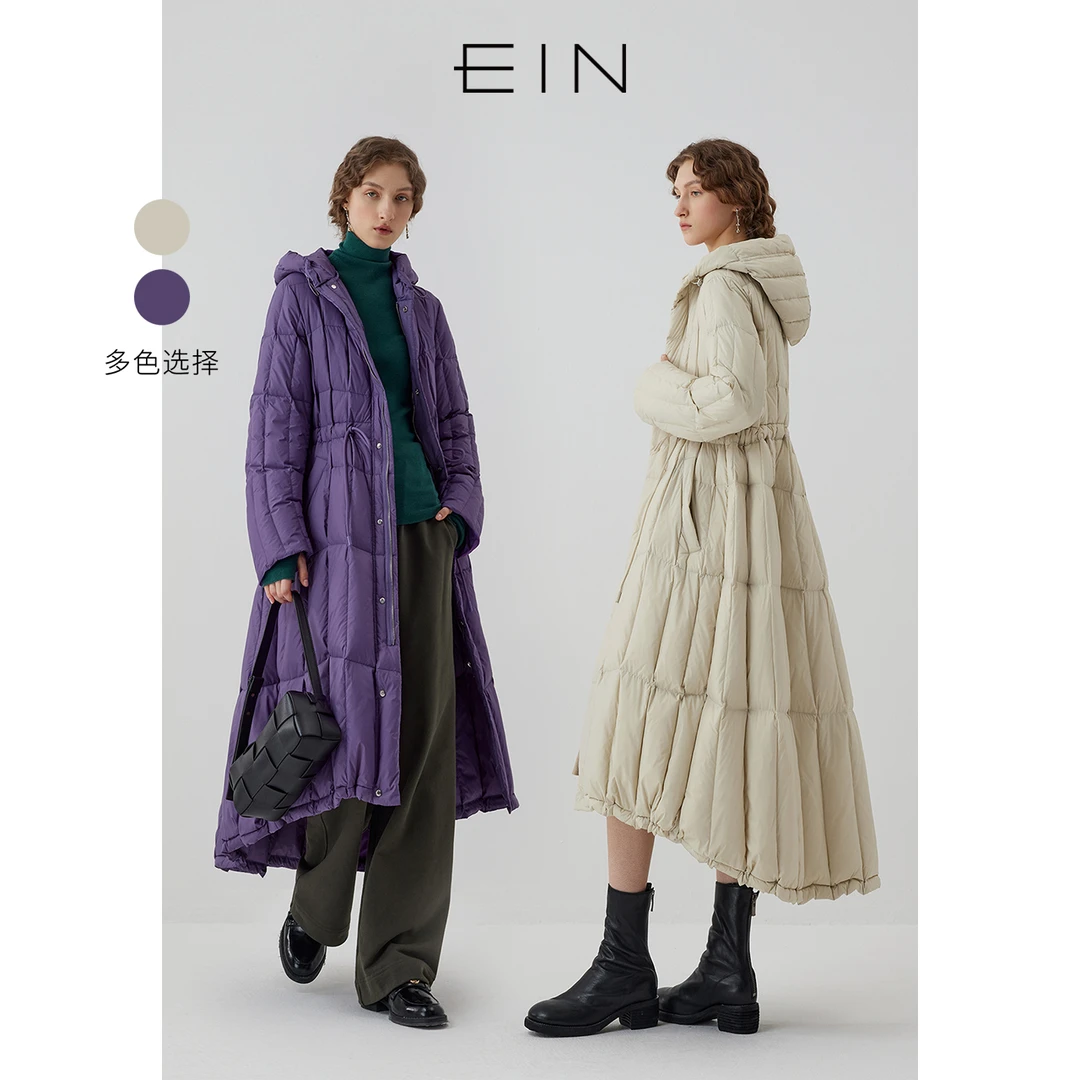 EIN/言文艺竖纹前短后长抽绳系带收腰连帽鸭绒长羽绒服24冬季新款