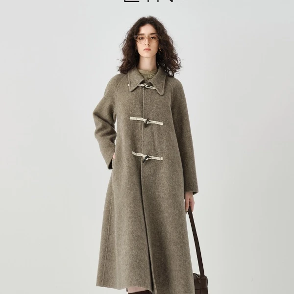 EIN/言【秋日美拉德】24秋冬新款学院风牛角扣翻领绵羊毛呢长大衣