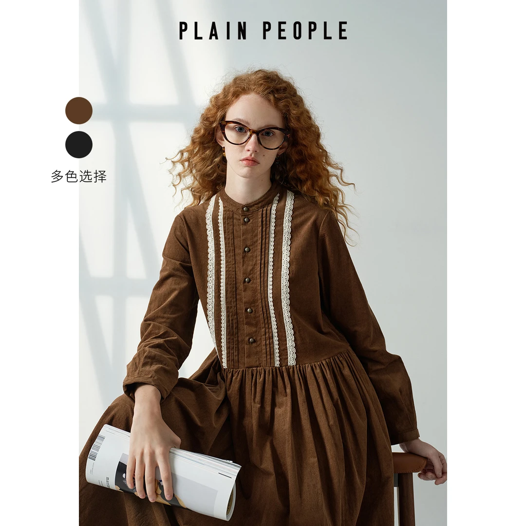 PLAIN PEOPLE美拉德法式复古灯芯绒撞色连衣裙金咖女2025早春款