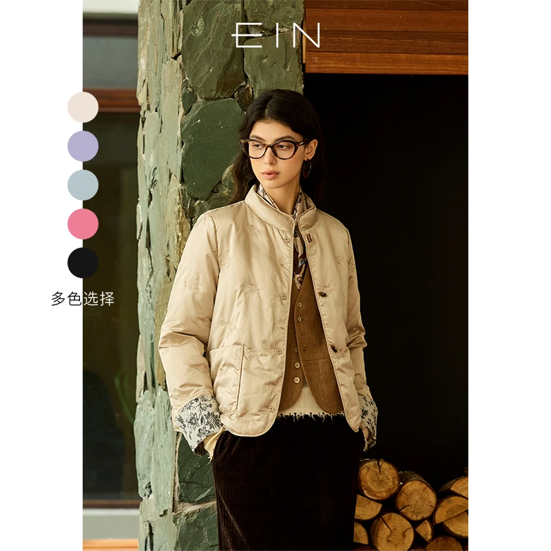 EIN/言静奢中式绣花玉石扣拼接提花袖小立领冬季保暖90鹅绒服女款