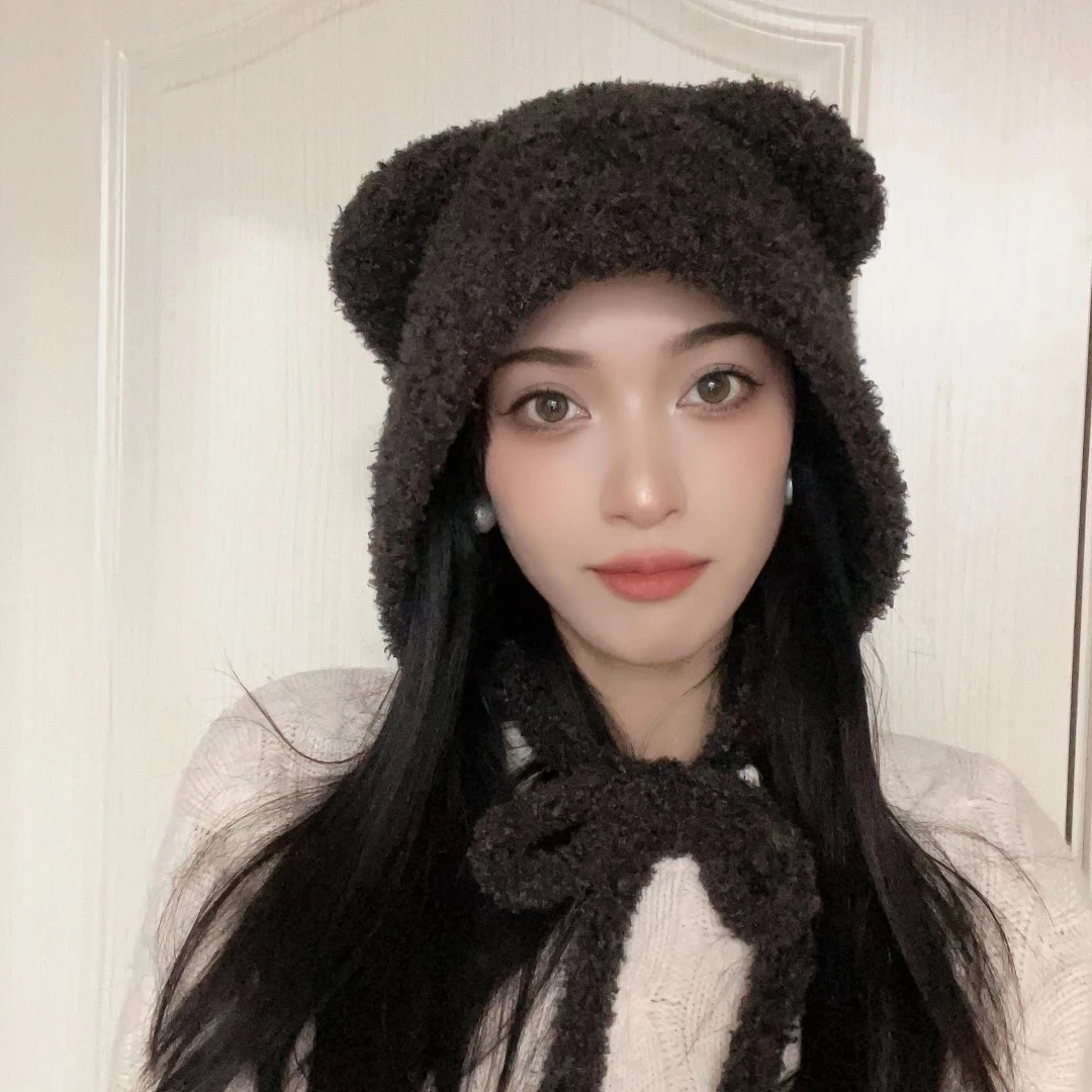 韩版甜美可爱小熊毛线帽子女秋冬季保暖百搭网红款护耳帽骑车防风