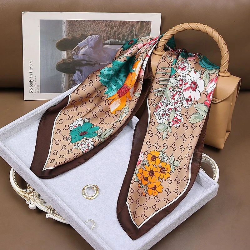 90X90cm【咖色花团】D49丝巾