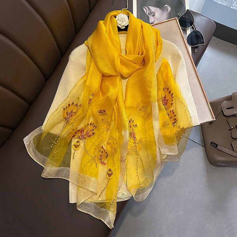 桑蚕丝羊毛175*75左右围巾丝巾披肩【佛手款】黄色G40