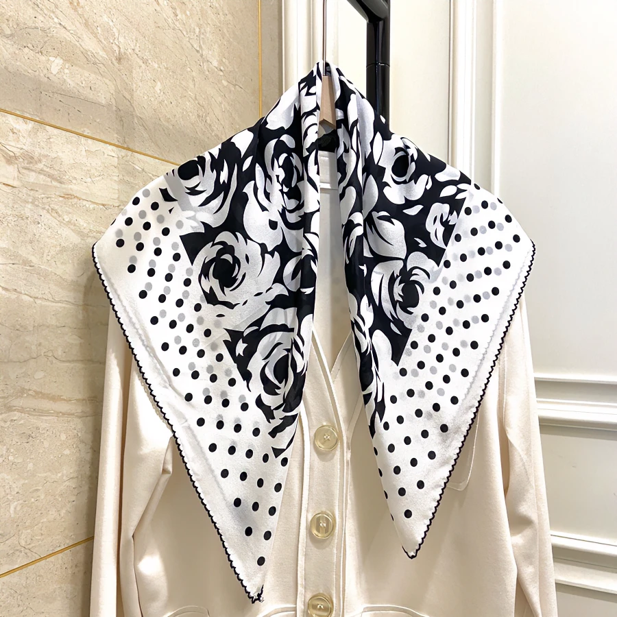 【波点山茶花】优雅百搭真丝双绉65方巾春夏透气桑蚕丝黑白洋气丝巾