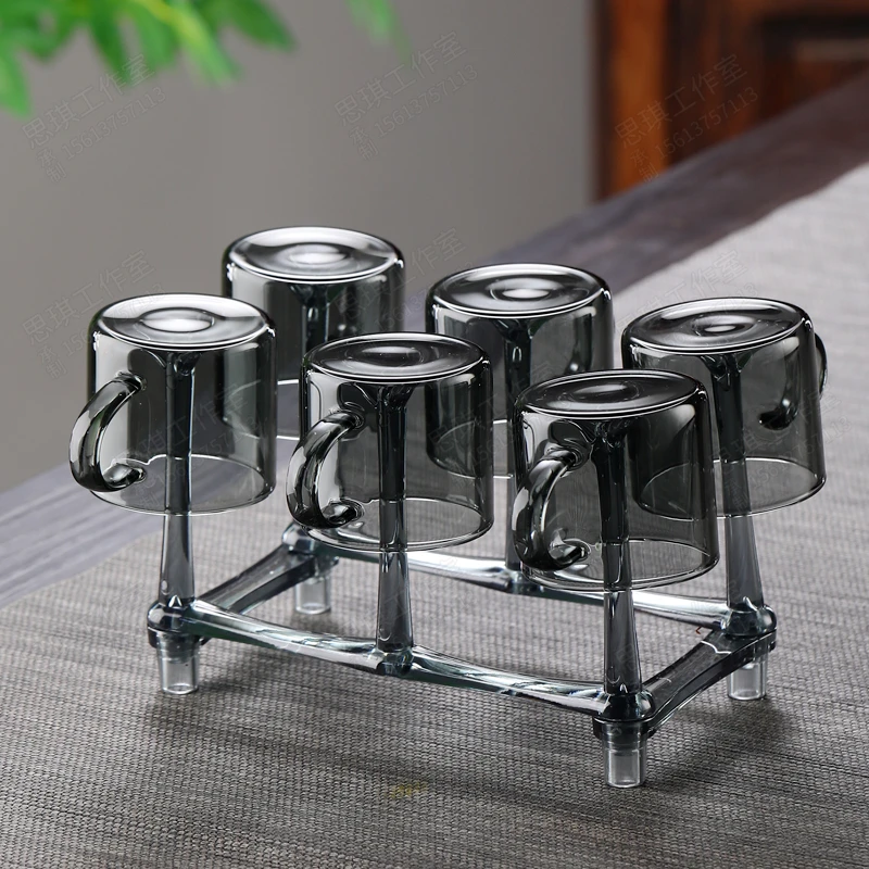 抖盈烟灰色玻璃茶杯功夫品茗杯家用防烫带把直身茶杯花茶杯6杯装