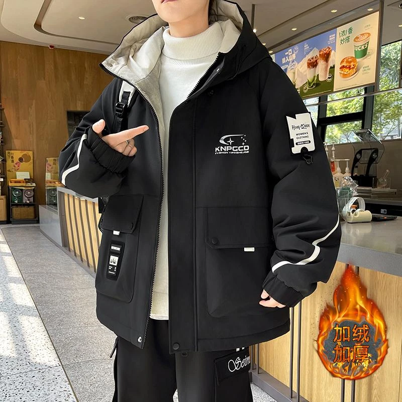 冬季新款青少年2024连帽款加厚夹克潮流百搭男款夹克棉衣外套