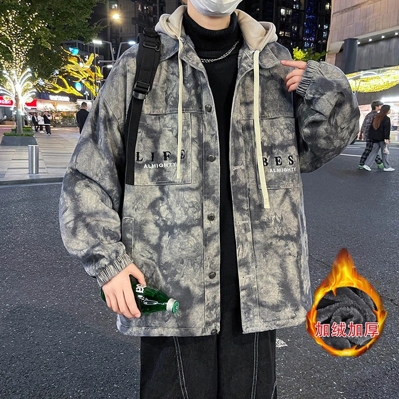 2004冬季新款加绒加厚牛仔衣外套潮青少年男装休闲时尚痞帅夹克