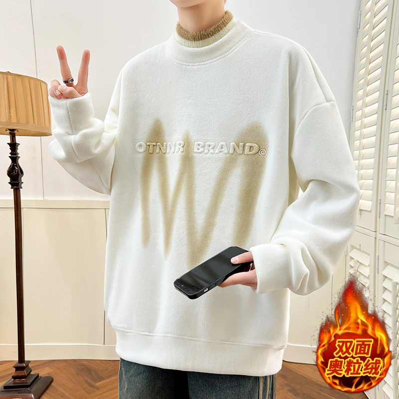 秋冬季加绒圆领无帽长袖卫衣男青少年重磅休闲宽松百搭打底衫上衣