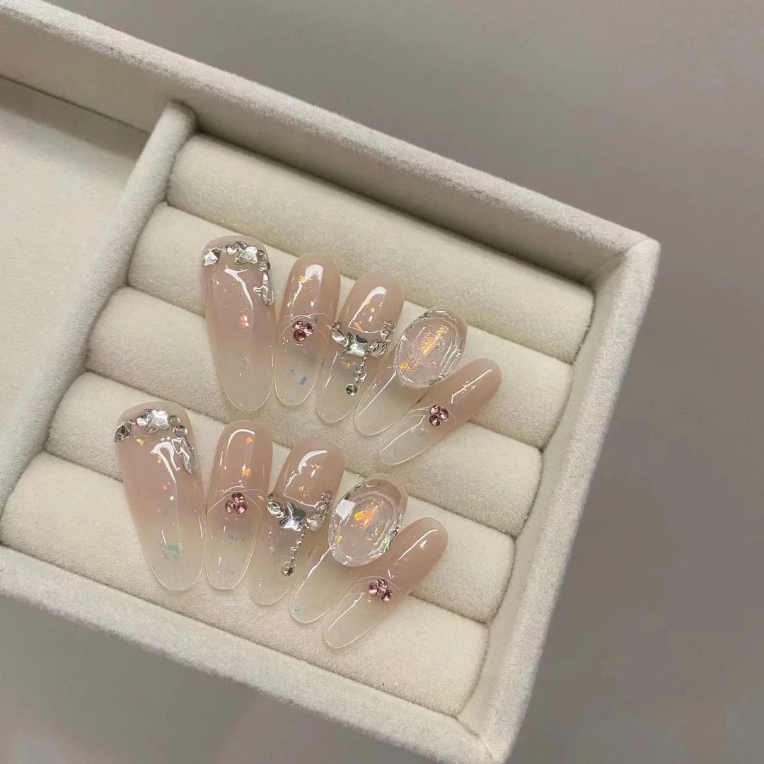 125长椭圆纯欲超仙裸色裸透色钻显白轻奢穿戴甲纯手工美甲片